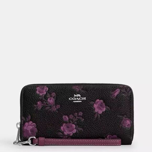 NWT Coach Long Zip Around Wallet With Floral Print CCL36 Black/Purple - Picture 7 of 10